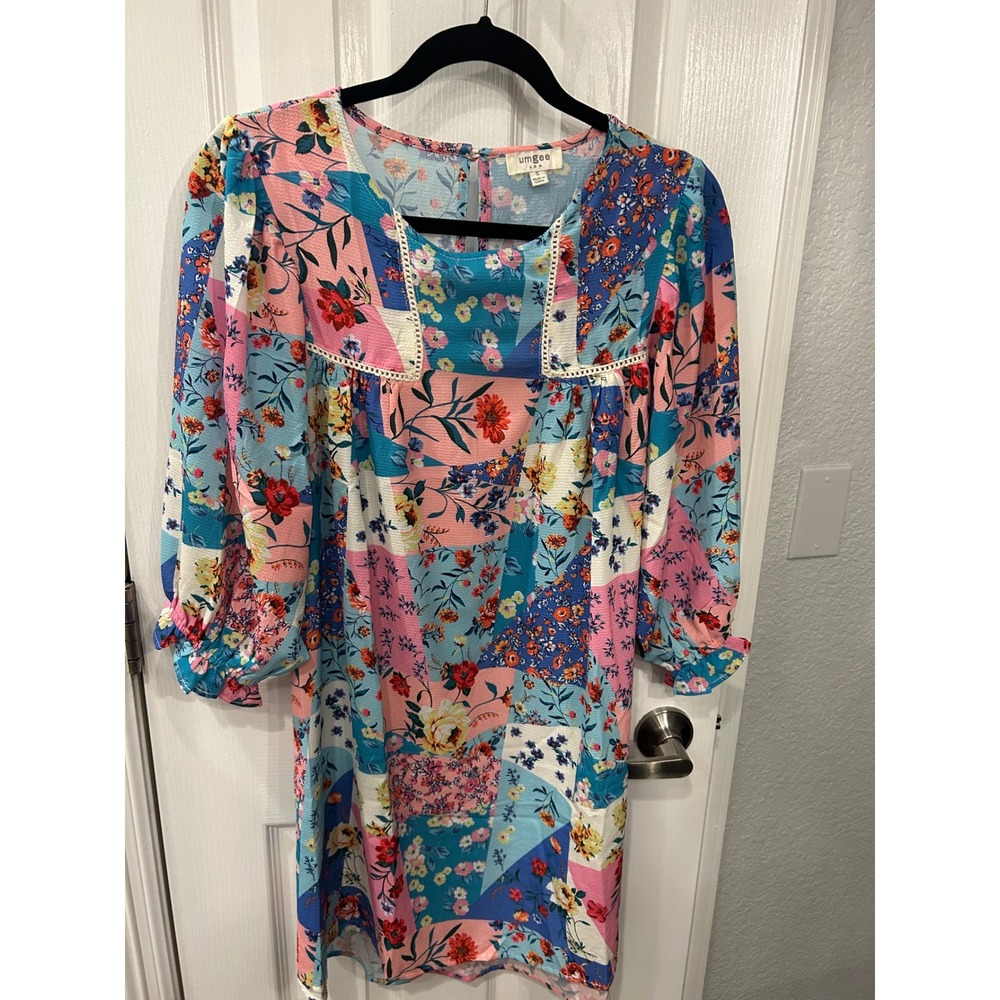 Umgee Mini Dress Pink Blue Floral Patchwork Boho Lace Trim A0036 Womens S